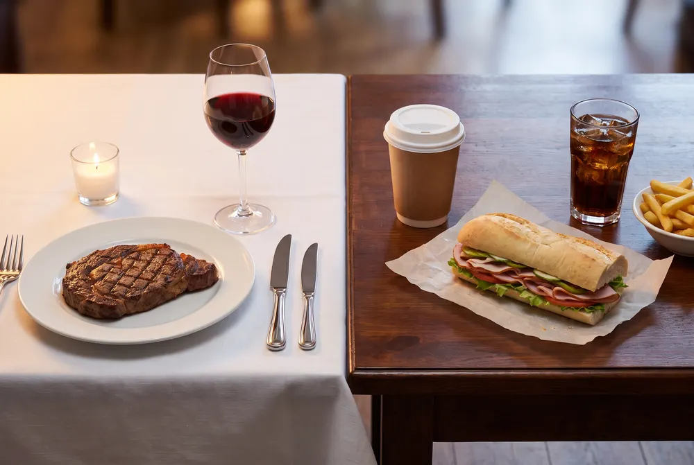 Steak dinner beside a deli sandwich and fries